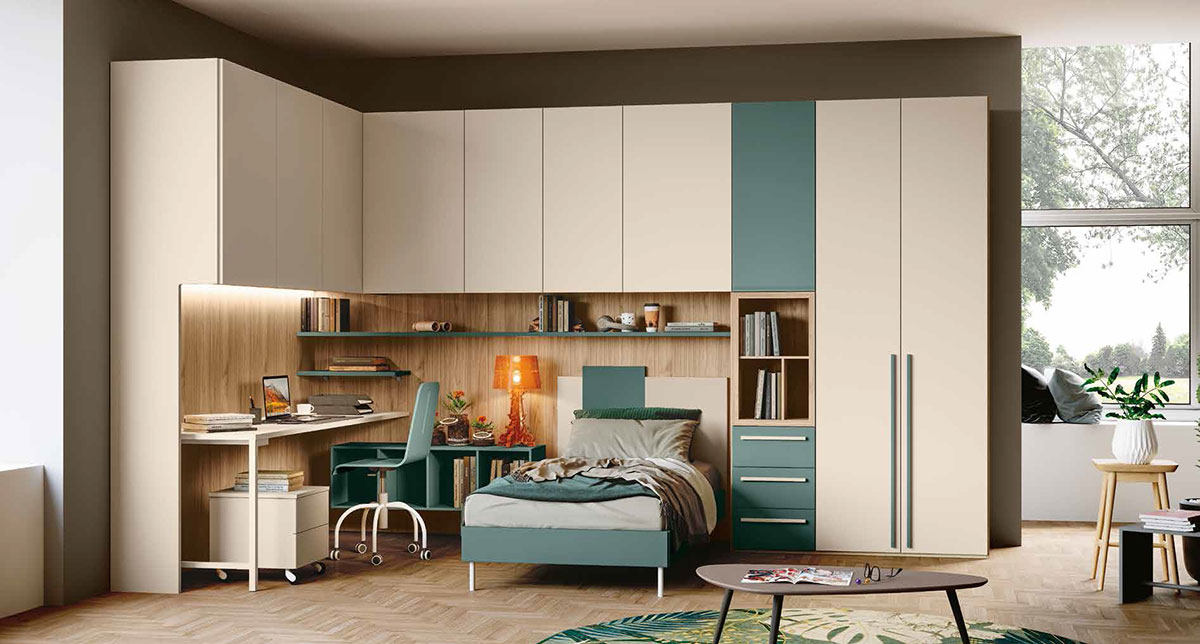 Cameretta con ponte angolare, finitura Noce biondo, Orzo e Verde salvia