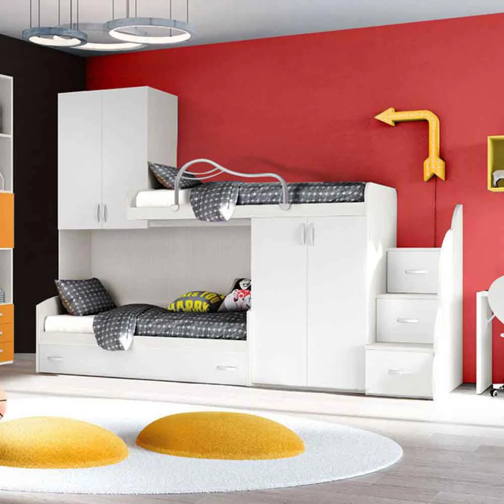 Letto a soppalco, cameretta Davide con 3 letti, tutta bianca