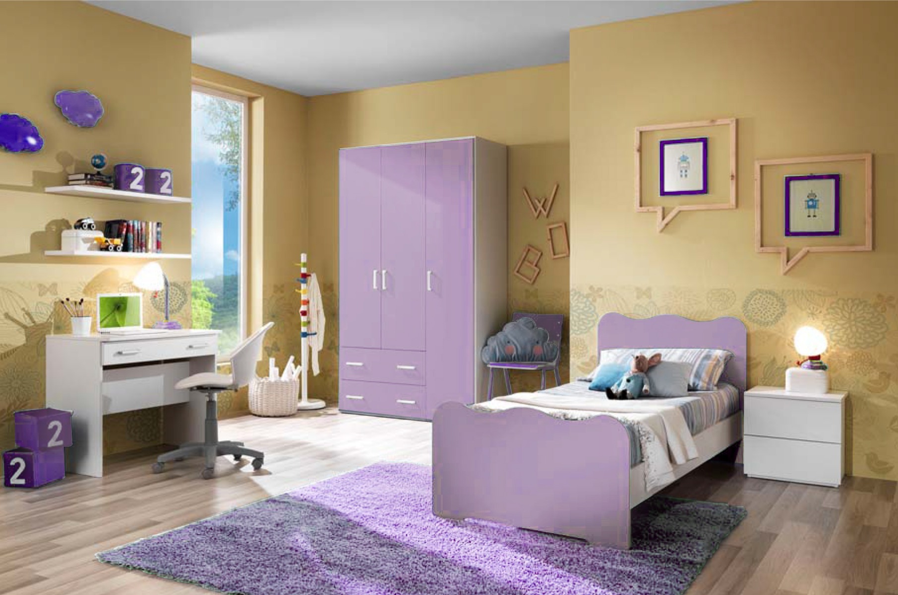 Cameretta completa lilla con lettino singolo 