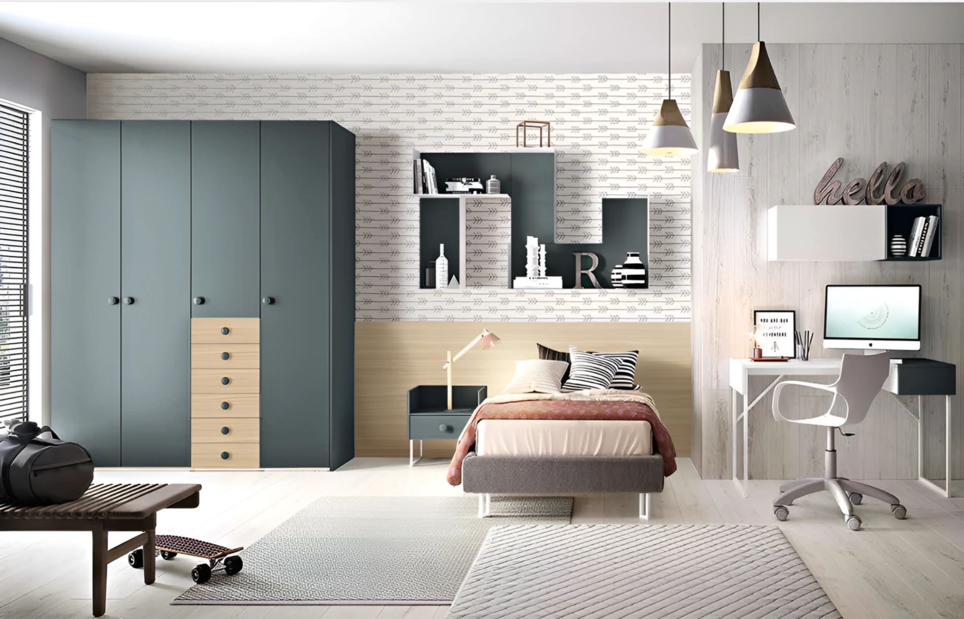 Cameretta ragazzi con armadio battente, finitura Rovere ambra e Blu reale