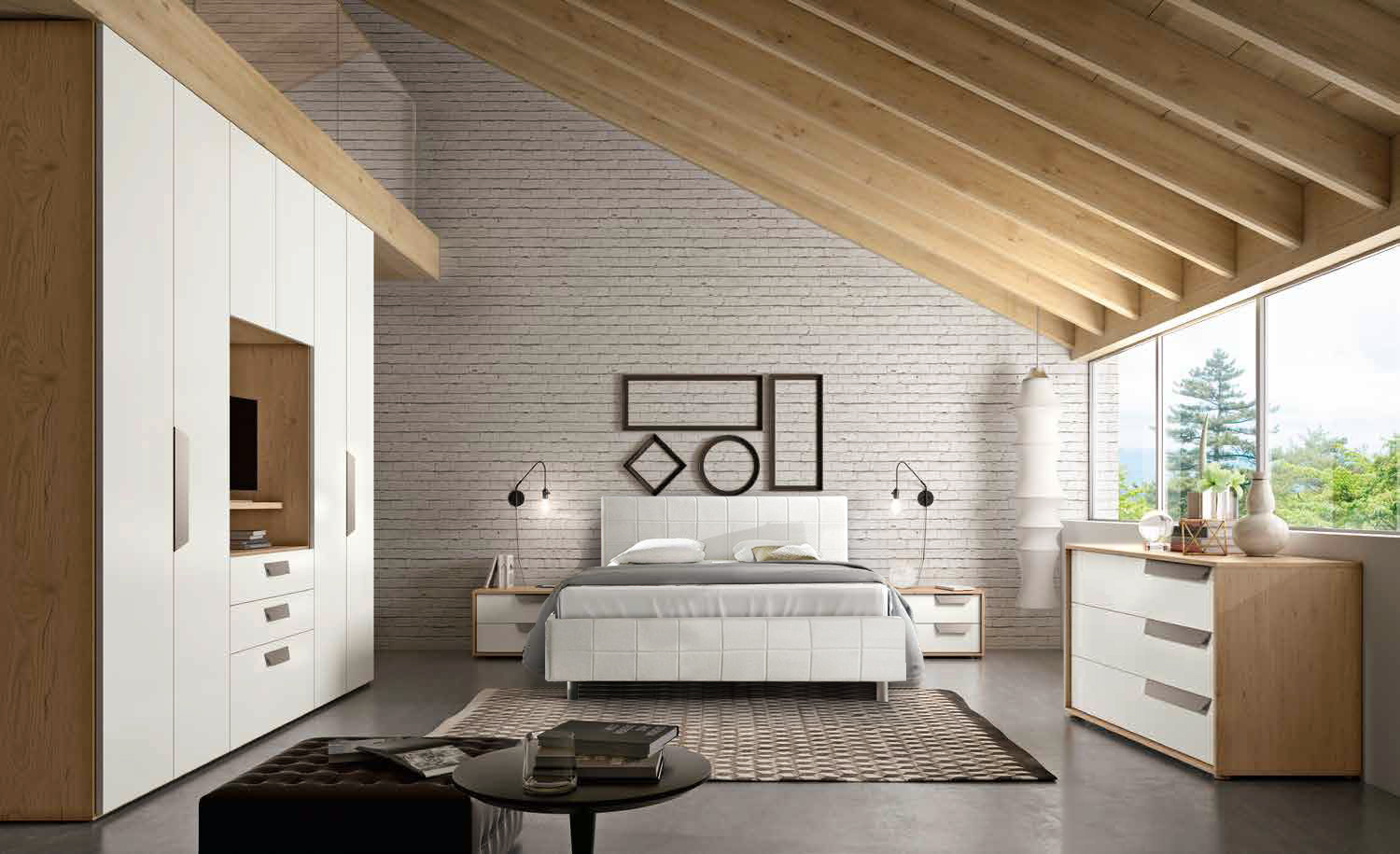 Armadio moderno 6 ante 3 cassetti con vano porta TV, Rovere samoa e Bianco frassino