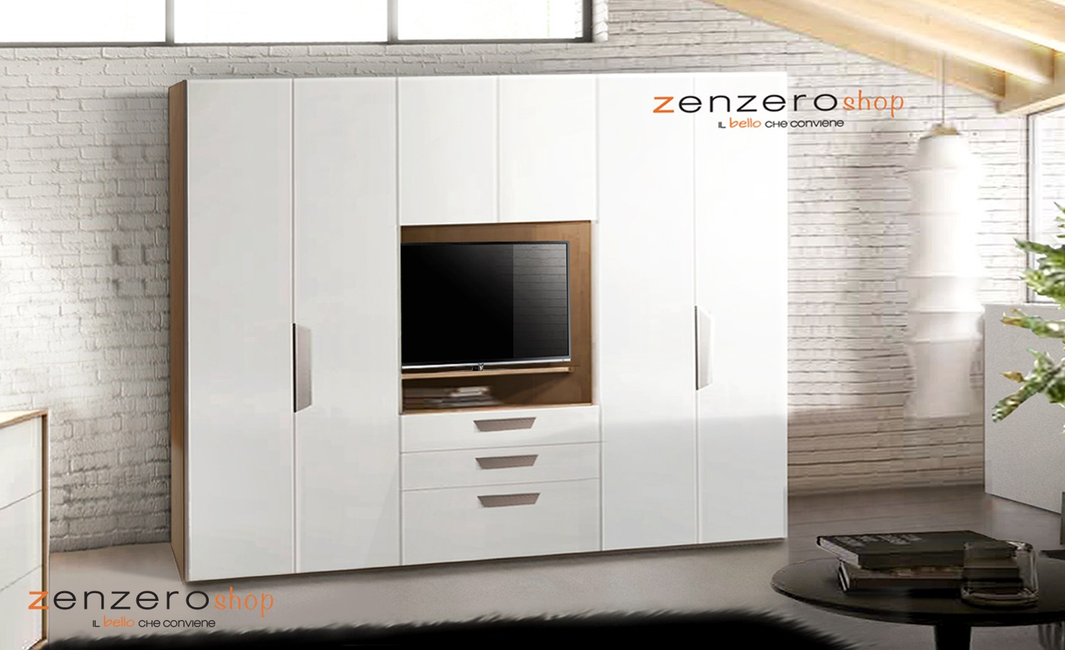 Armadio moderno 6 ante 3 cassetti con vano porta TV, Rovere samoa e Bianco frassino