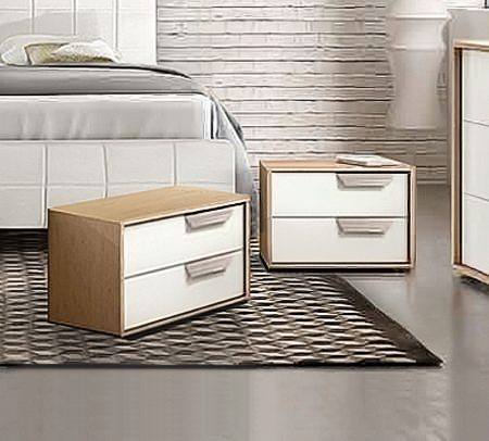Coppia di comodini moderni, 2 cassetti, finitura Rovere Samoa e Bianco Frassino