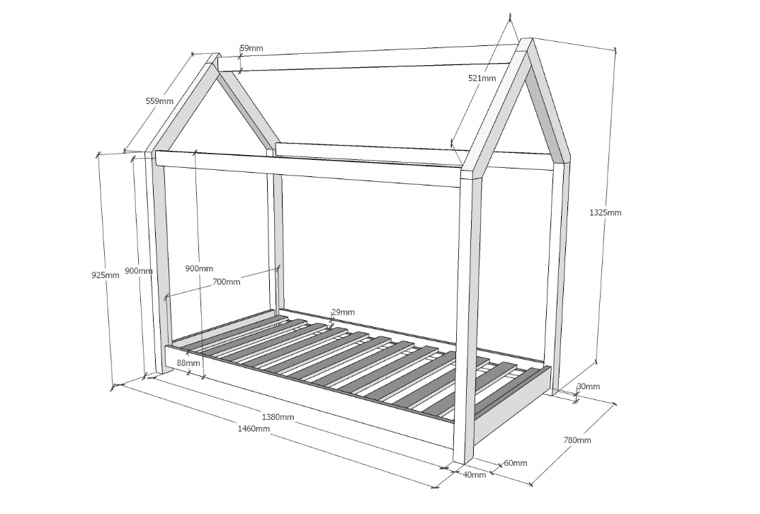 Lettino montessoriano a capanna, 70x140 in pino massello