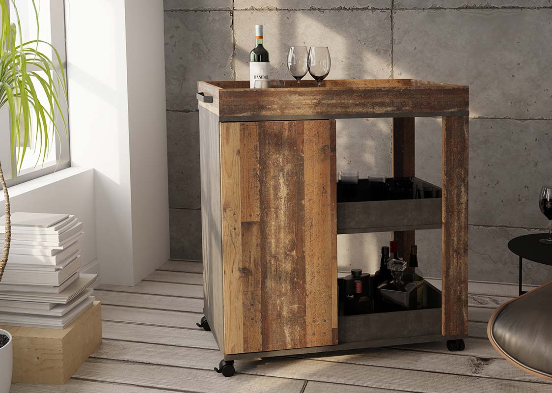 Carrello industry porta bibite, finitura Rovere effetto invecchiato e Grigio scuro