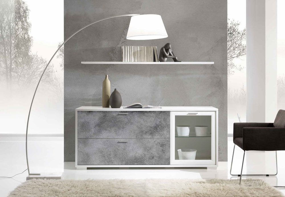 Madia classica Bianco frassinato e spatolato grafite con anta in vetro, anta ribalta e cassettone inferiore 