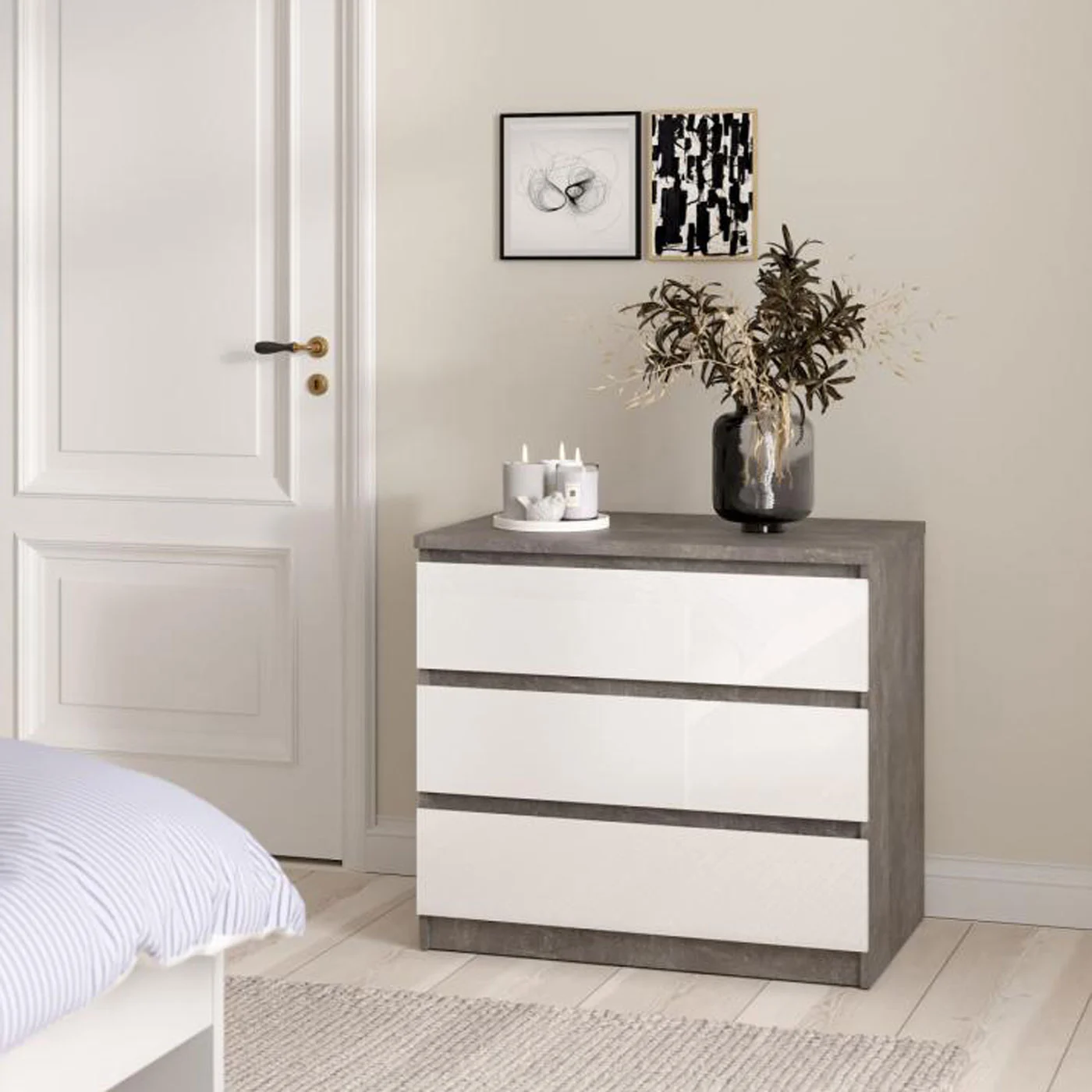 cassettiera bianca e calcestruzzo