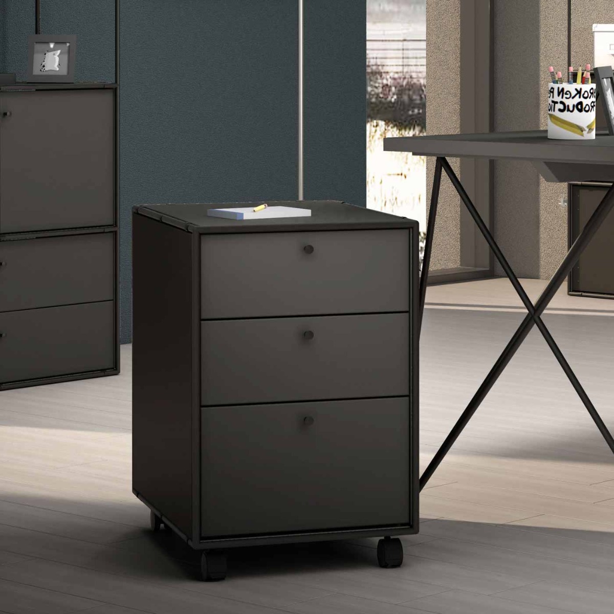 Cassettiera da ufficio con ruote moderna Grigio laccato 