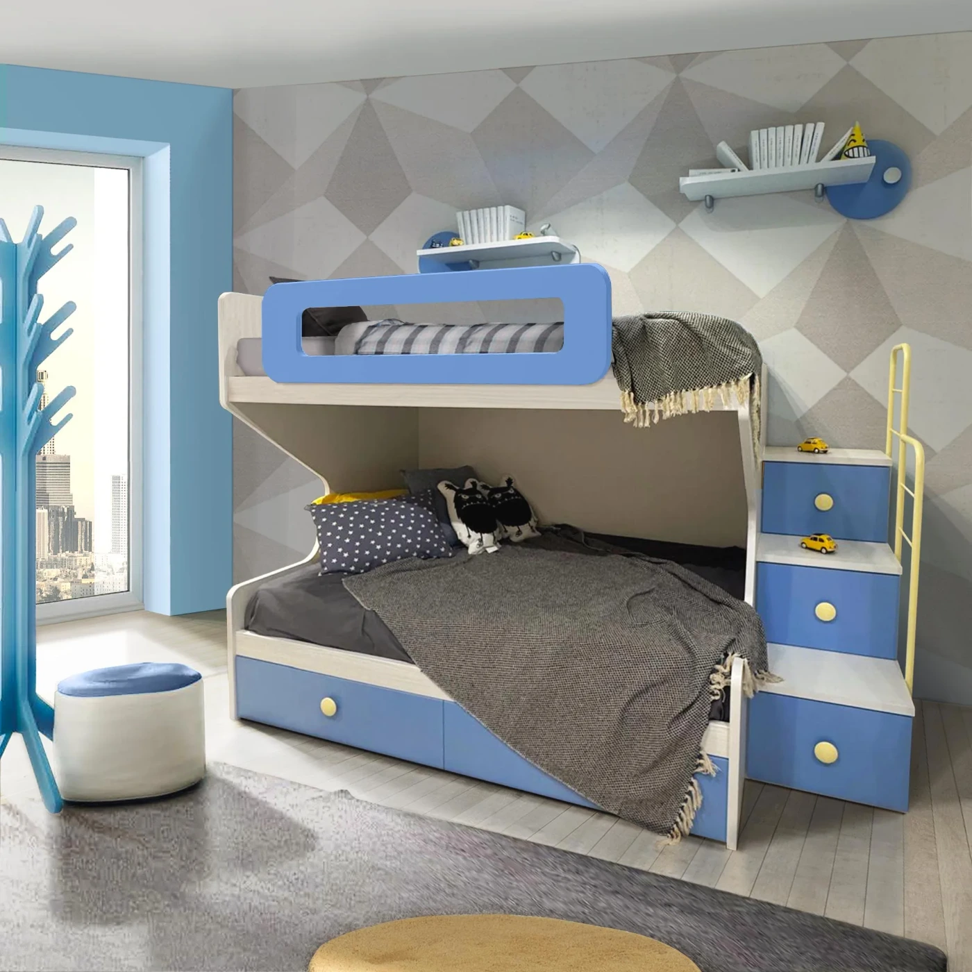 Letto castello 1 piazza e mezza, con scaletta contenitiva, Nuvola frassino e Cielo Zenzero Shop