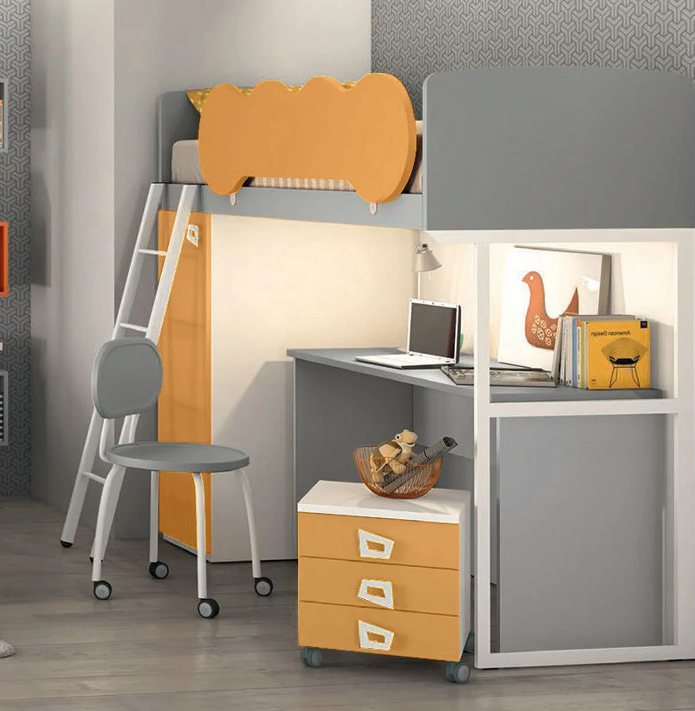 Letto castello offerta, prezzi bassi. Finitura Miele e Grigio dorian