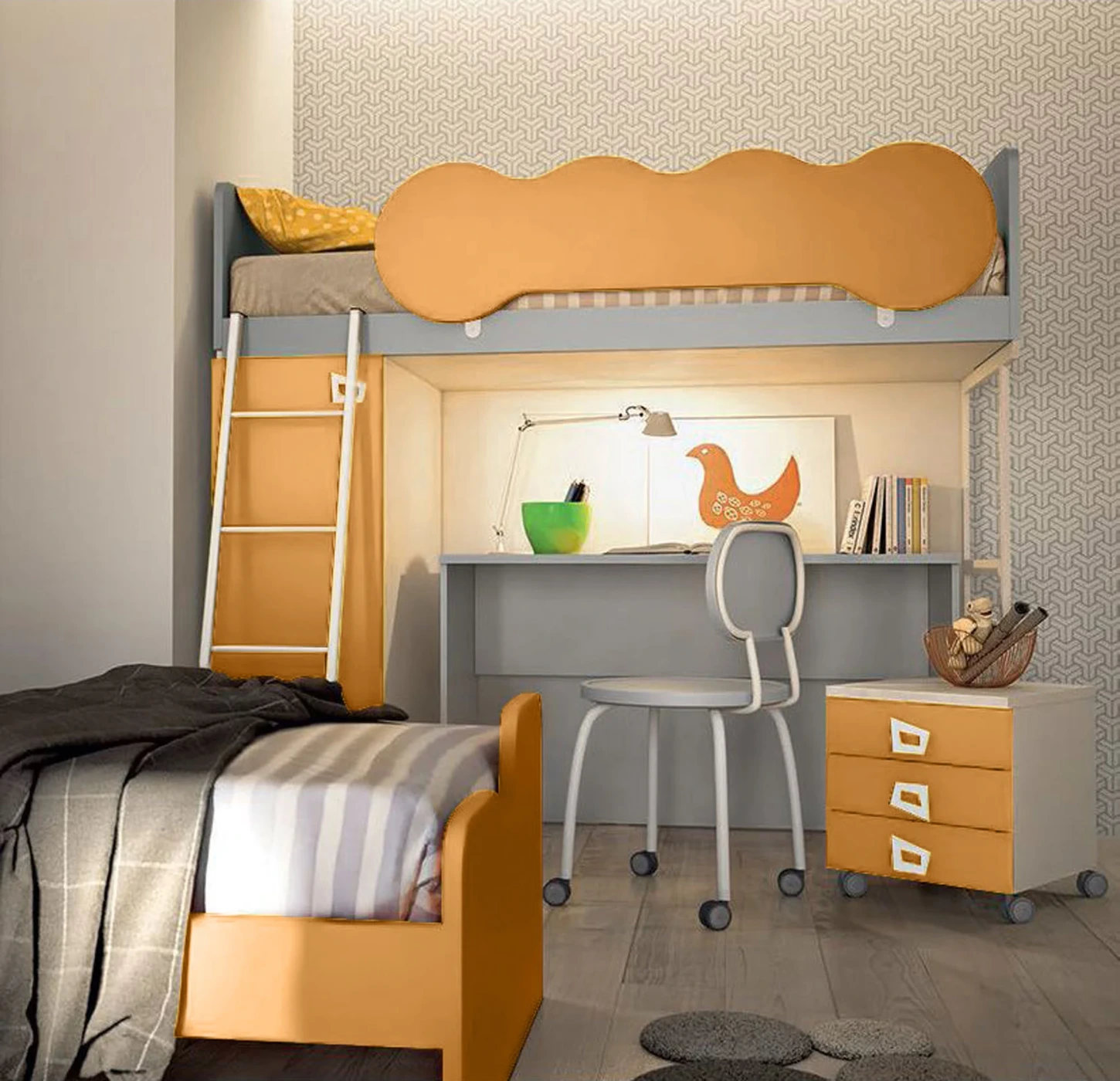 Letto castello offerta, prezzi bassi. Finitura Miele e Grigio dorian