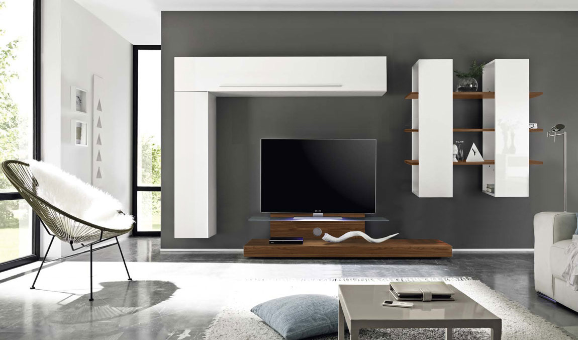 Parete attrezzata con Base TV, bianco laccato lucido e Noce Dark