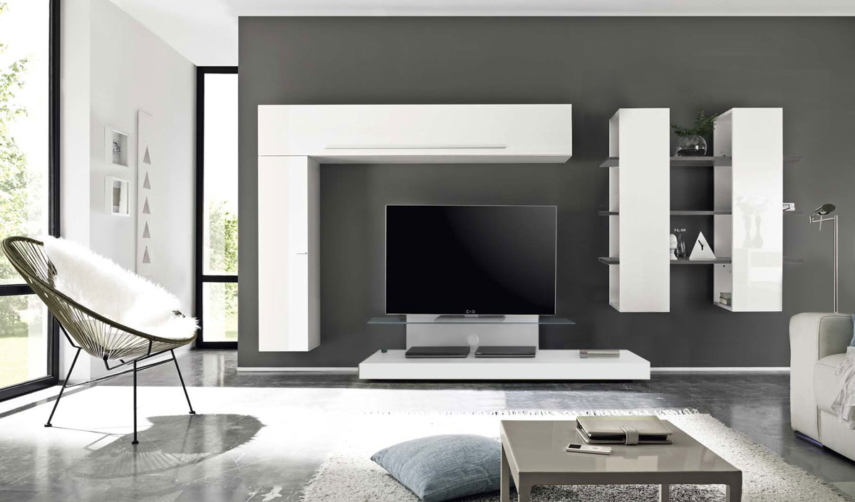 Parete attrezzata con Base TV in finitura bianco laccato lucido