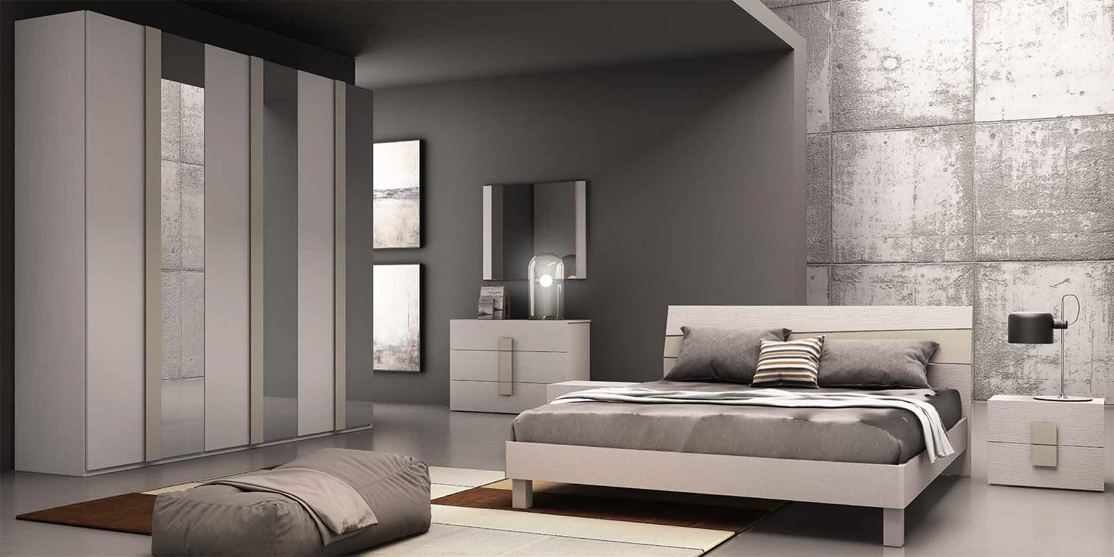 Camera matrimoniale completa Civetta in finitura Larice bianco e Tortora