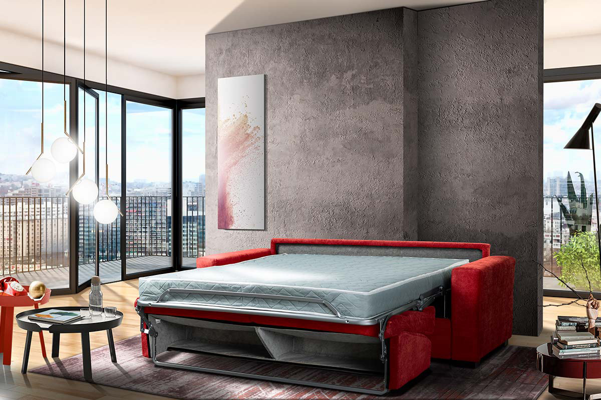 Divano letto modello Denali, sfoderabile a 3 posti finitura rossa