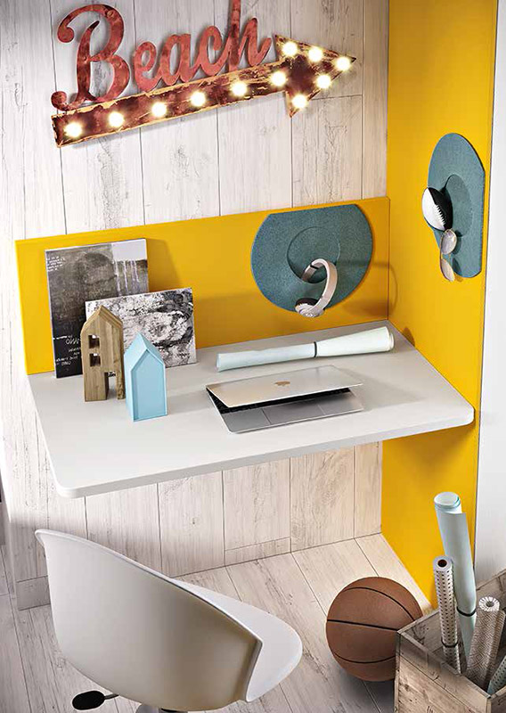 Scrivania sospesa senza gambe con tasca rimovibile in finitura Bianco frassino e Girasole