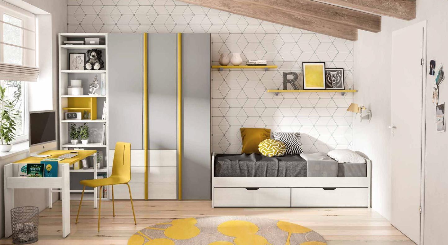Camerette bimbi, cameretta Bianco larice, Giallo grano e grigio seta