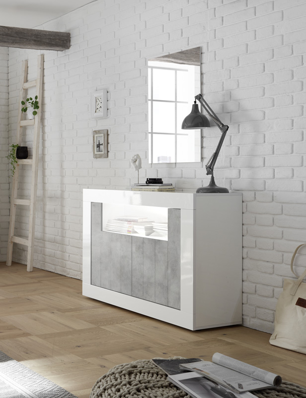 Madia moderna con 2 ante in finitura Cemento e Bianco Lucido