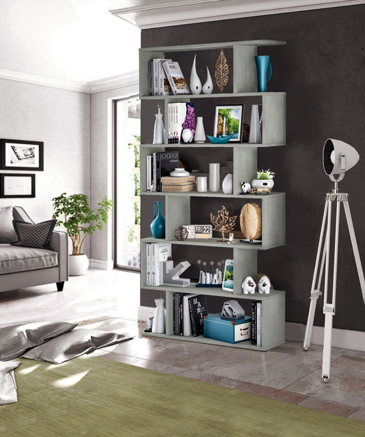 Libreria grigio cemento con 6 ripiani, design moderno
