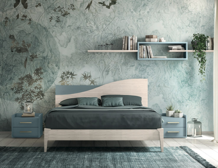 Letto matrimoniale Mare dettaglio sulla testata in finitura Noce brina e Rovere gesso