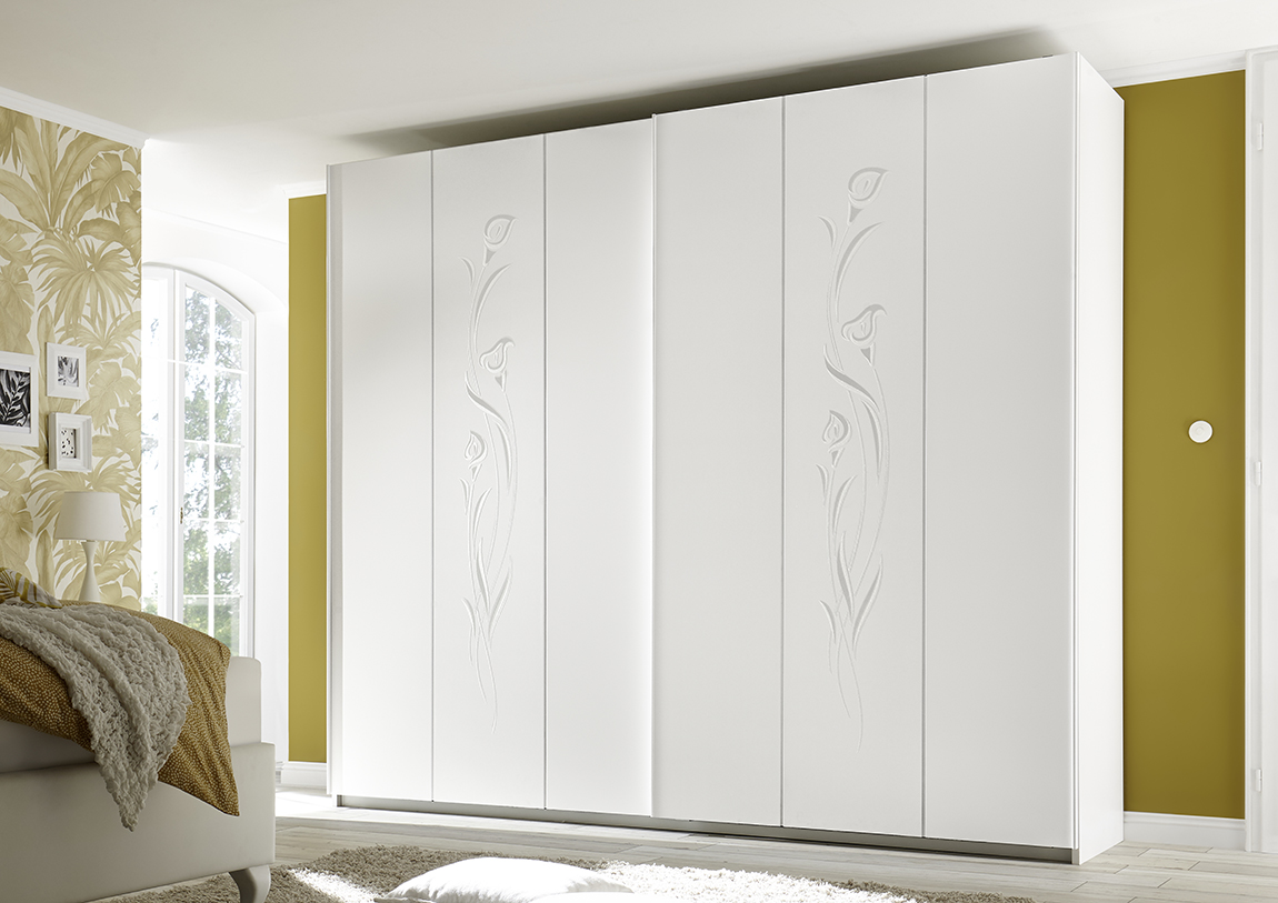 Armadio moderno, 2 ante scorrevoli e di design, bianco con decoro