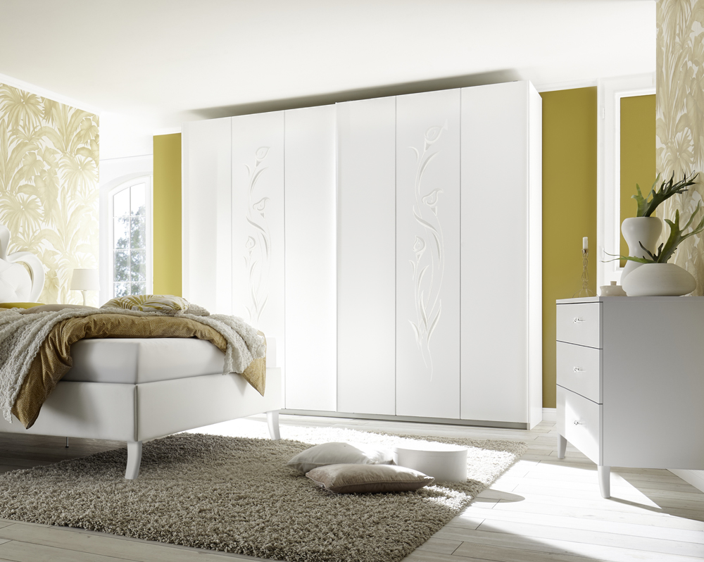 Armadio moderno, 2 ante scorrevoli e di design, bianco con decoro