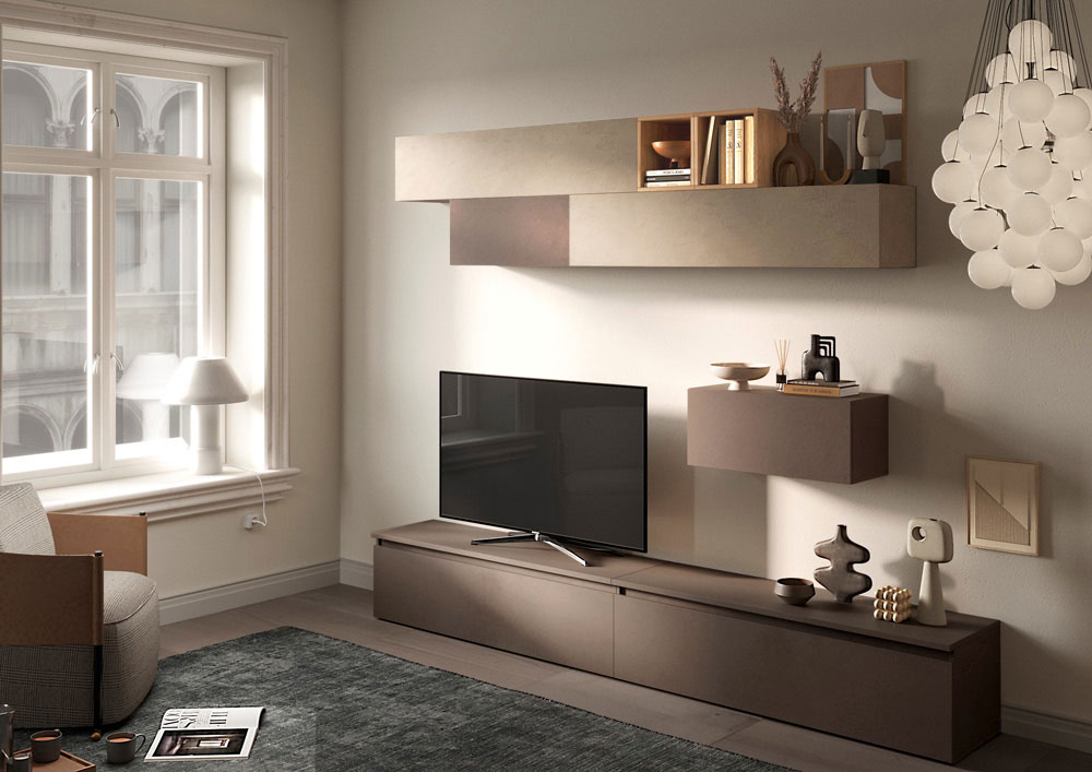 Parete attrezzata 276x40x190 h cm, Argilla, Bronzo e Cadiz, collezione Logica