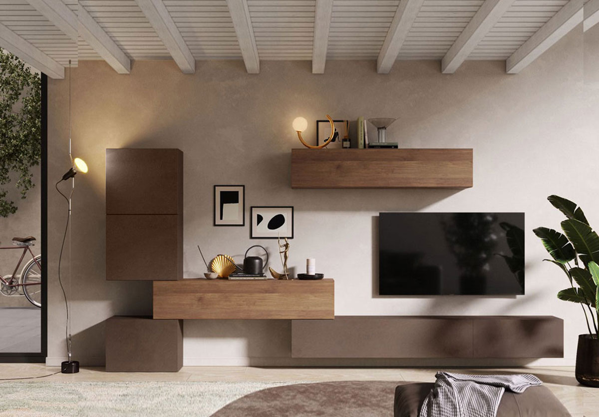 Spaziosa Parete attrezzata di design, colore Bronzo e Mercure, Made in Italy