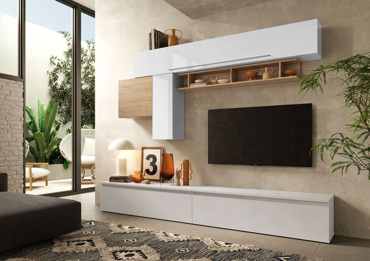 Mobili da Parete Soggiorno di design L.276 colore Gesso, Cadiz e Bianco lucido