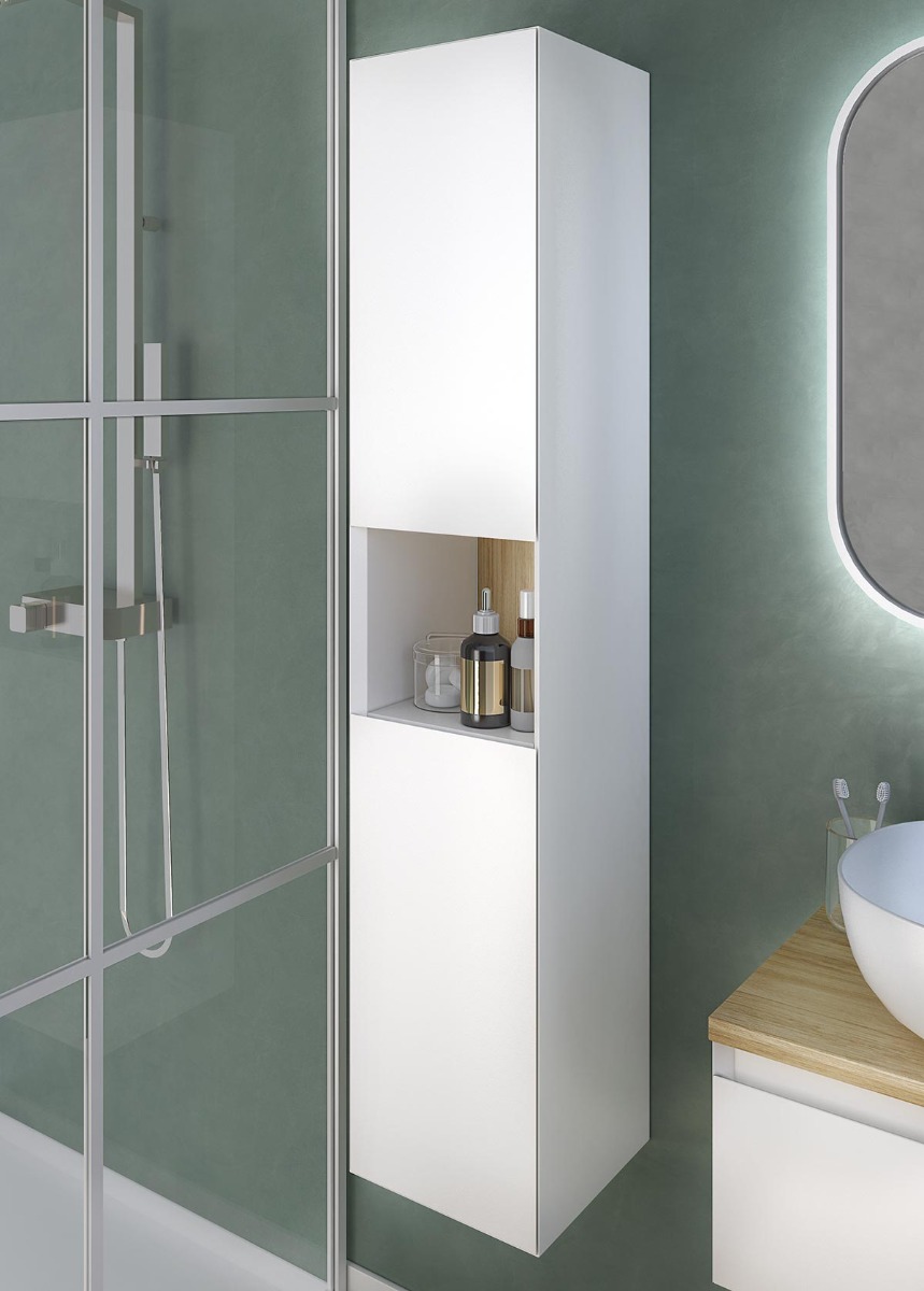 Mobile da bagno sospeso con lavabo in appoggio, finitura Bianco opaco e Rovere