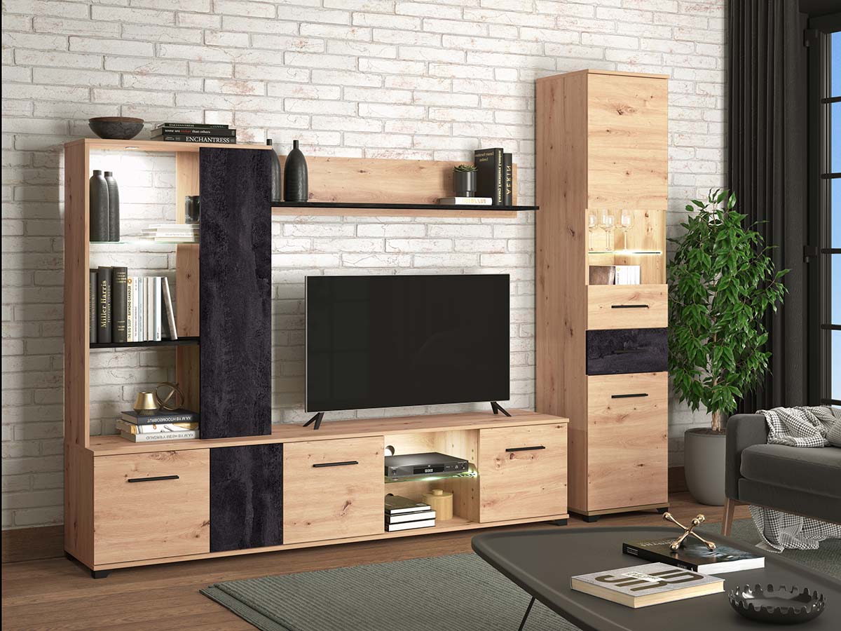 Colonna vetrina 2 ante 1 cassetto, finitura Rovere e Carbone