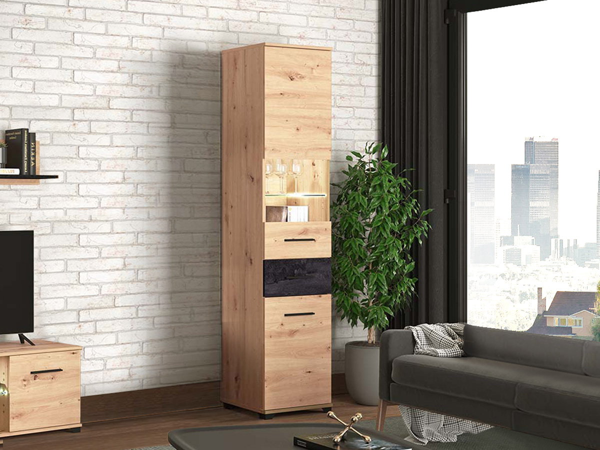 Colonna vetrina 2 ante 1 cassetto, finitura Rovere e Carbone