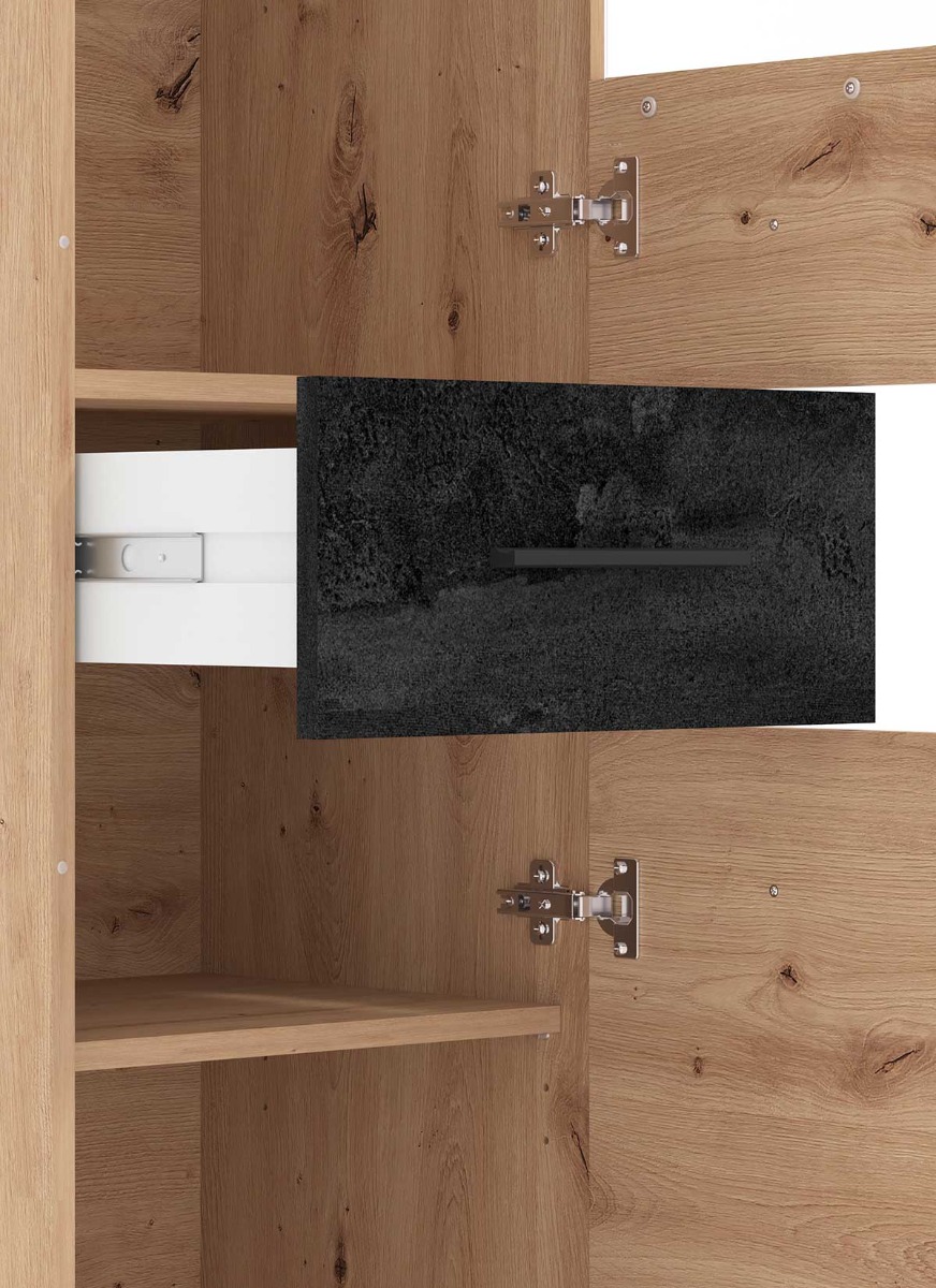 Colonna vetrina 2 ante 1 cassetto, finitura Rovere e Carbone