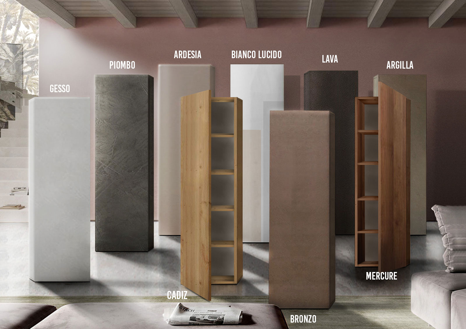 Colonna larga L.55 cm a terra, disponibile in diverse finiture, 100% Made in Italy 