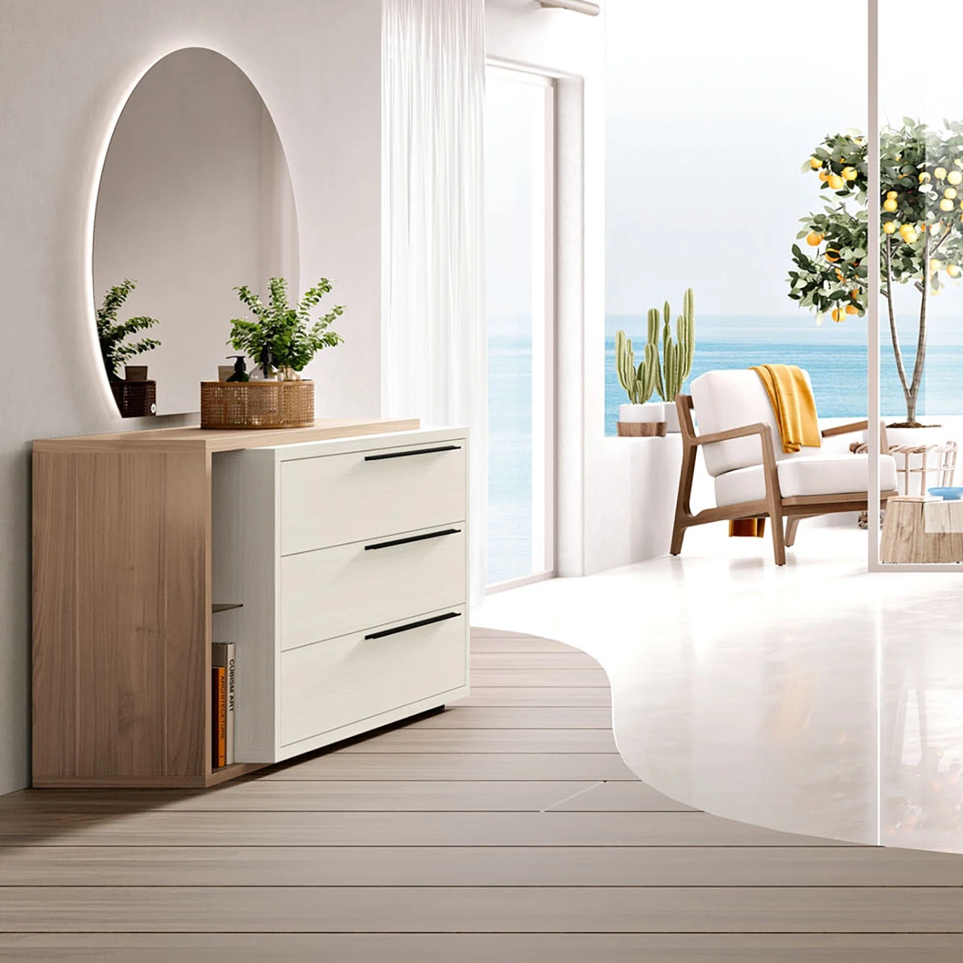 Comò con complemento terminale, Bianco Vanguard e Sequoia honey, L.139 H.80 P.51