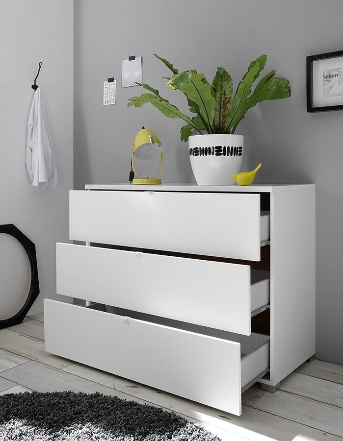 Set Comò e 2 comodini, design moderno, finitura bianco opaco