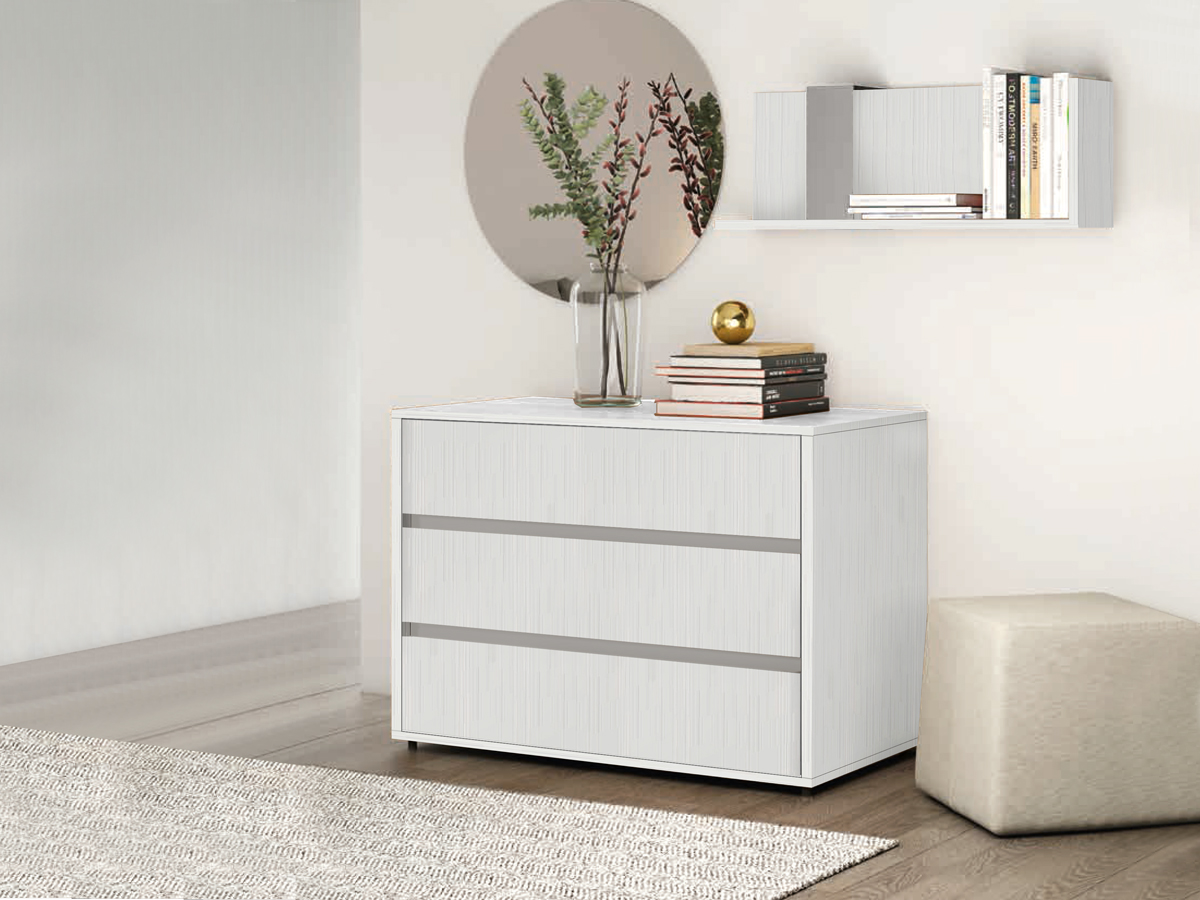 Comò 3 cassetti Rovere Bianco, chiusura rallentata