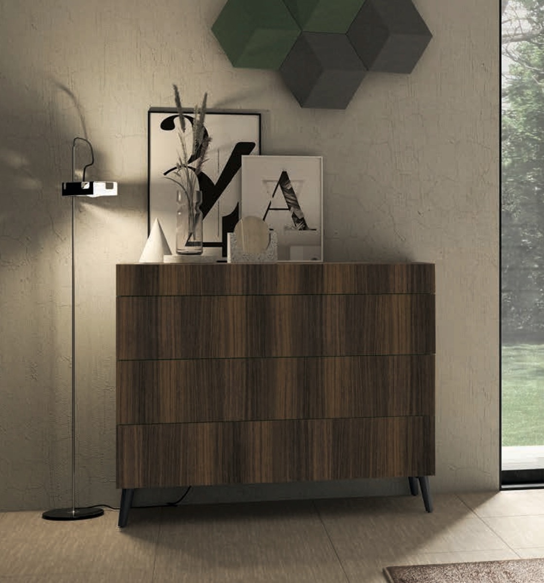 Comò moderno 4 cassetti e piedini, finitura eucalipto