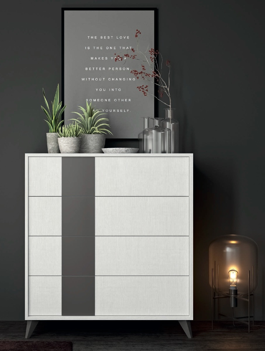 Comò 4 cassetti con piedini in finitura Rovere white e Grigio titanio