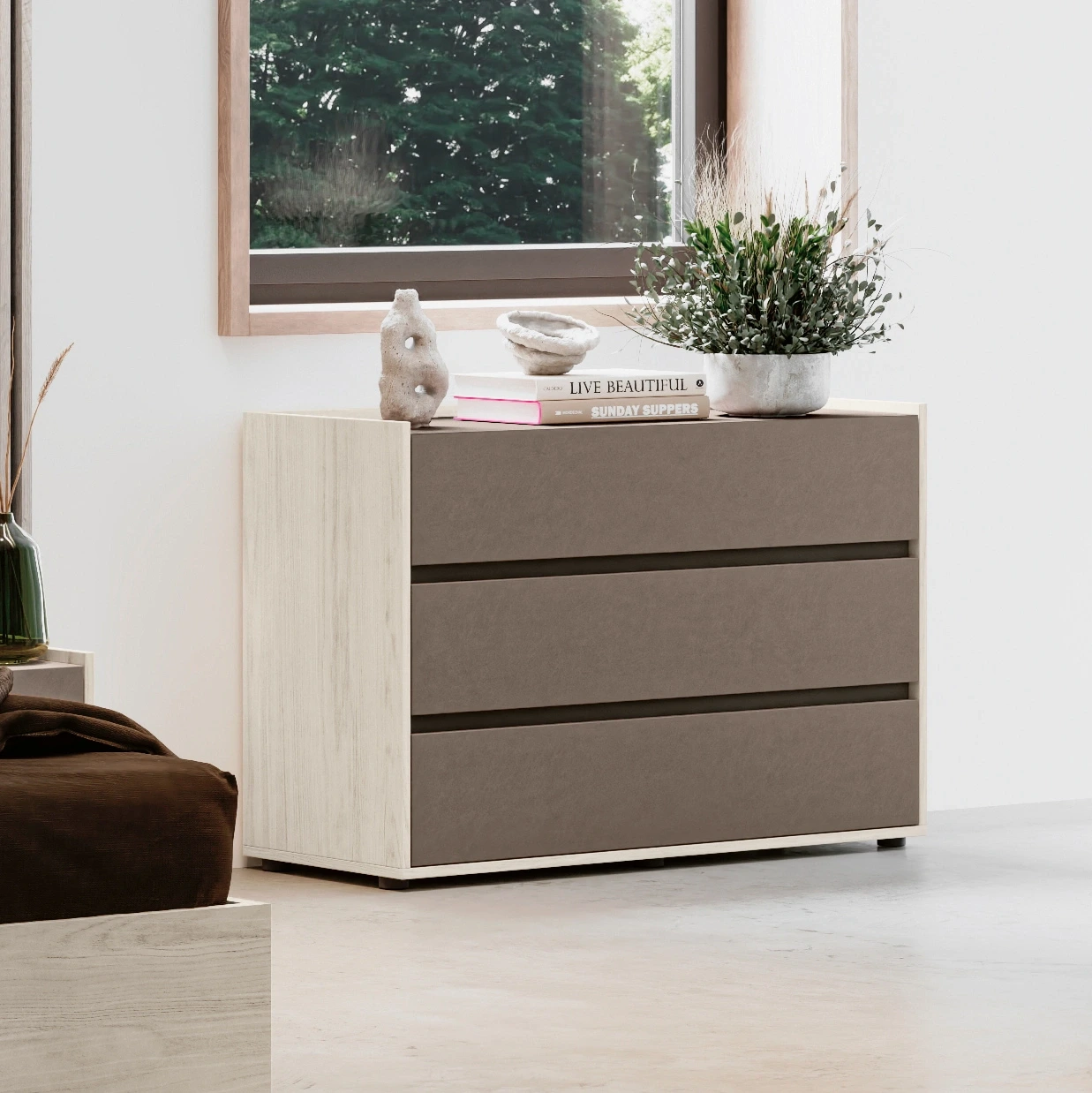 Comò 3 cassetti, Bianco altea e Bronzo, L.114 H.77