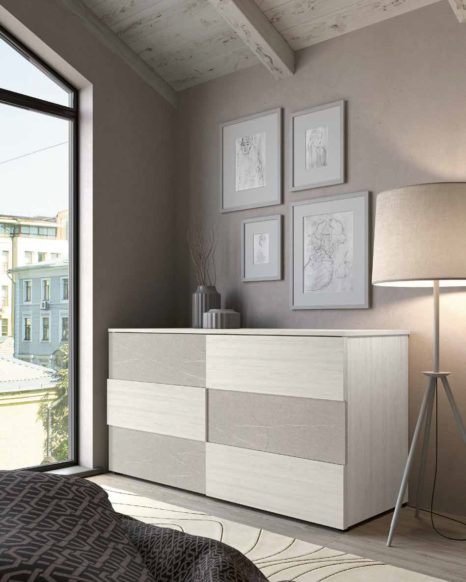 Comò bicolor 6 cassetti, finitura Graniglia chiara e Bianco altea