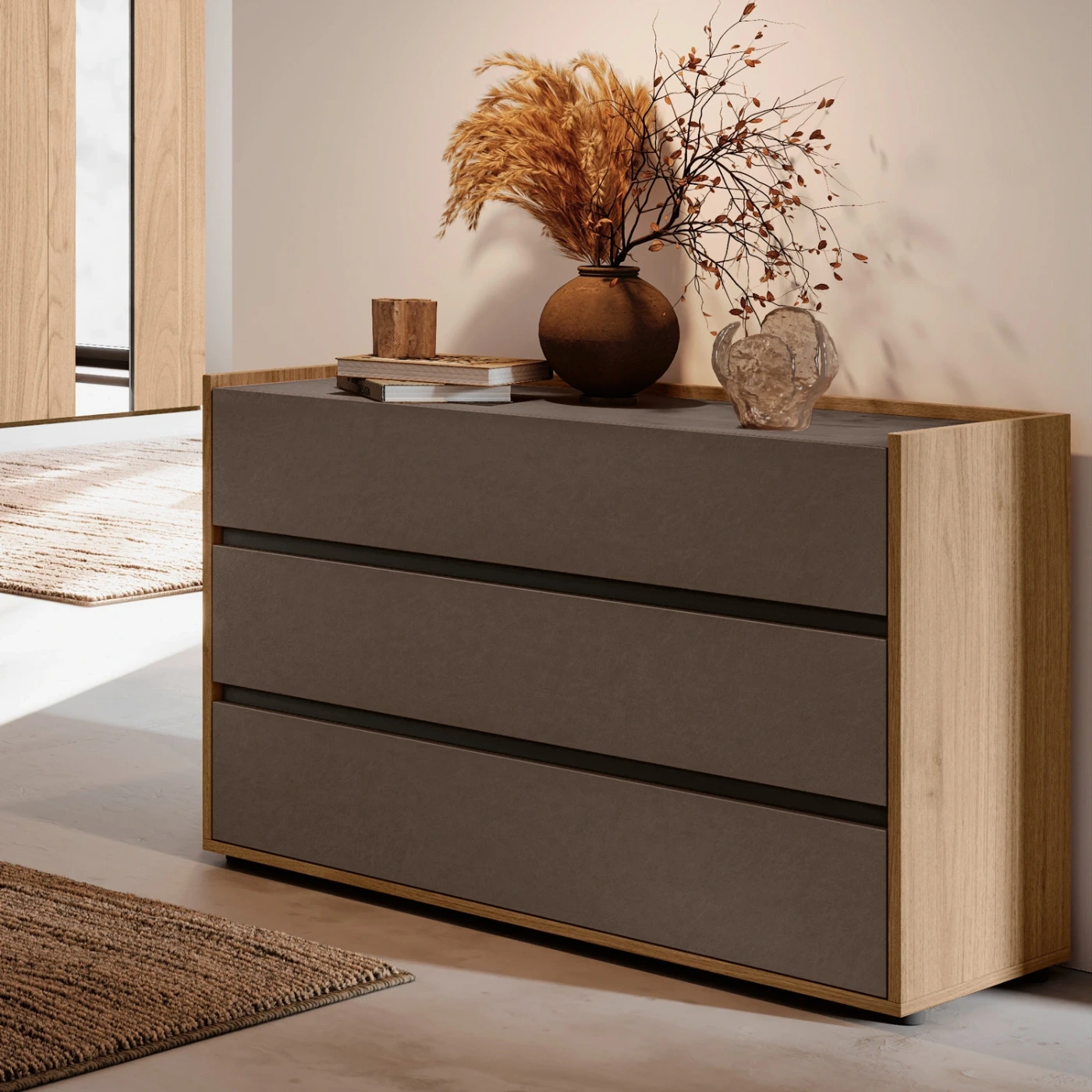 Comò 3 cassetti, Noce biondo e Bronzo, L.114 H.77