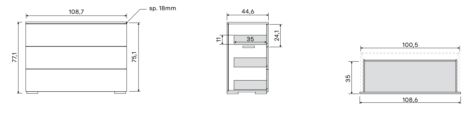 Comò Agave 3 cassetti, L.109, apertura a presa laterale