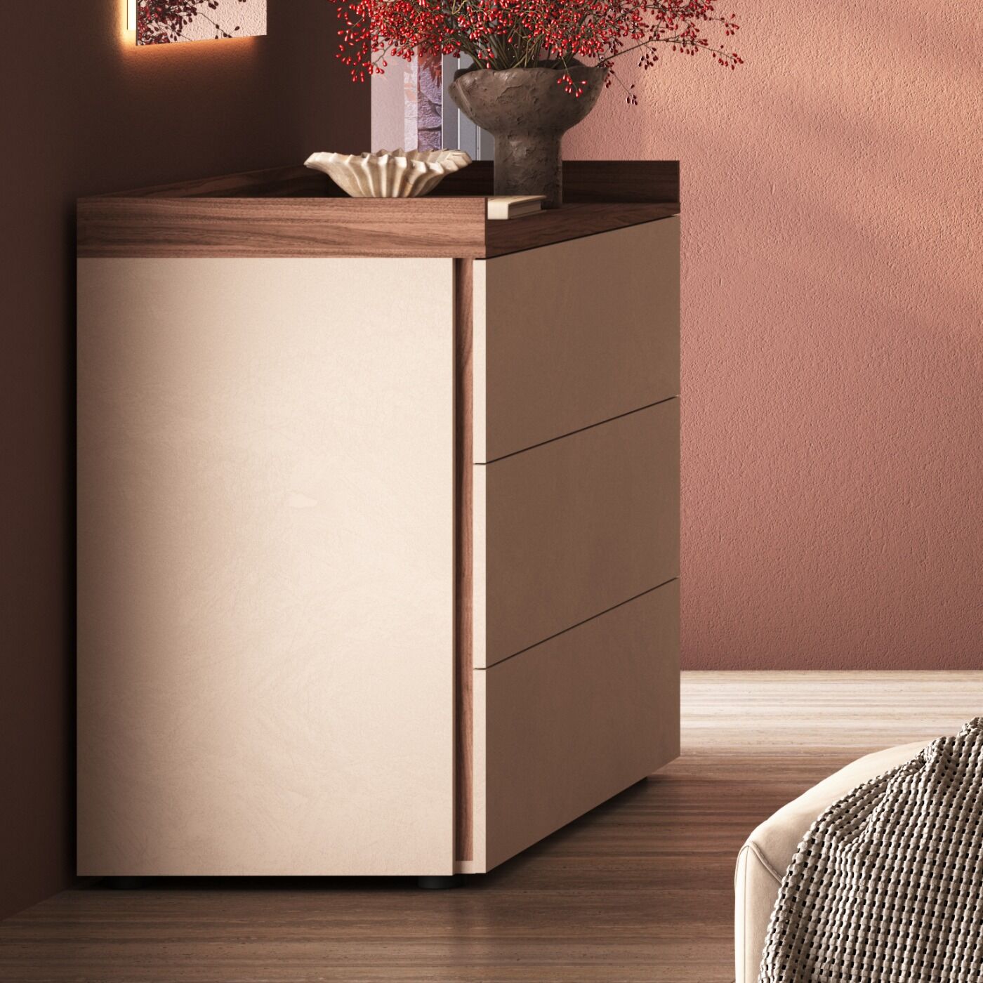 Camera matrimoniale Cashmere e Noce caramello, letto imbottito