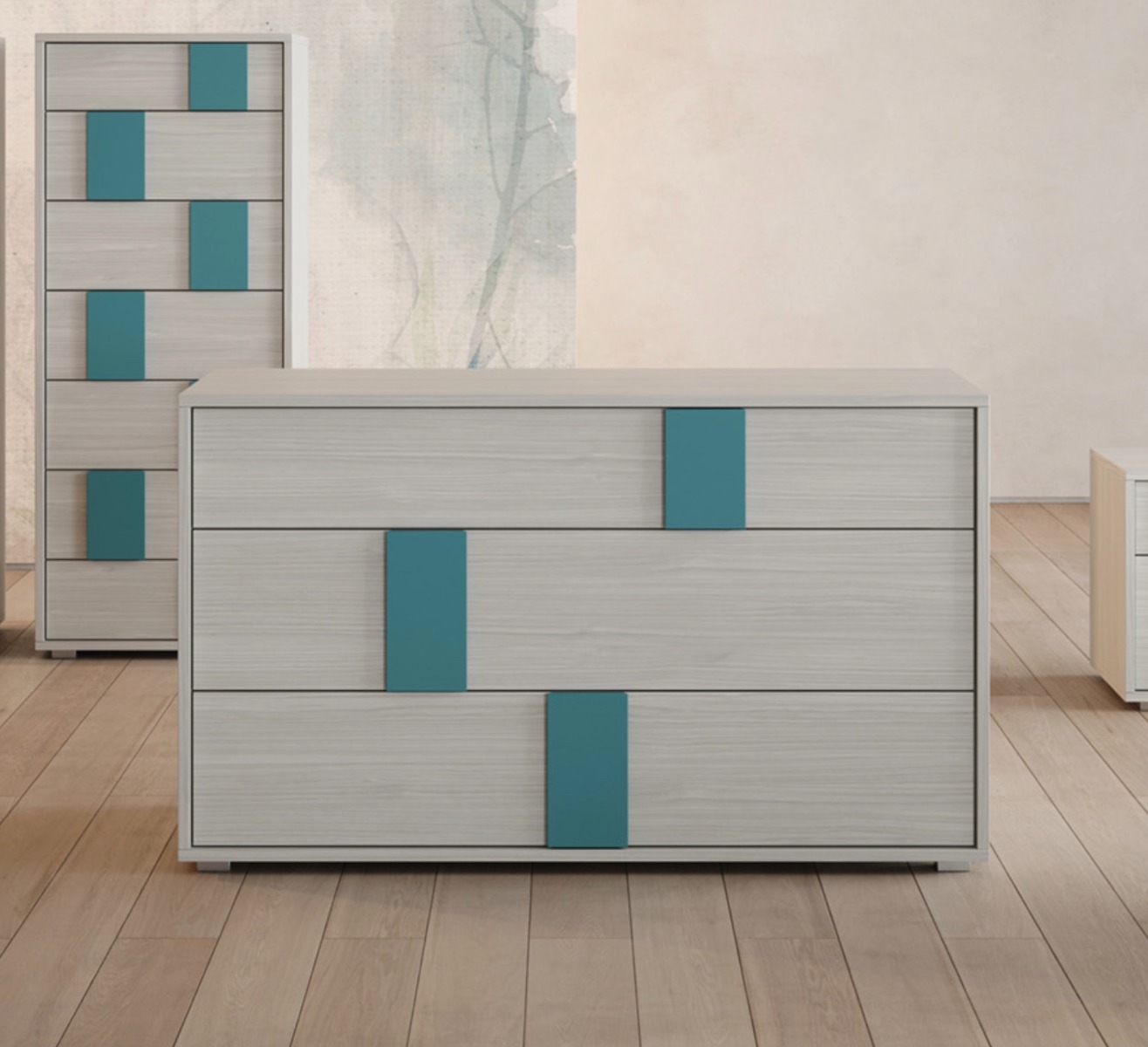 Comò colorato finitura Ceruleo laccato opaco e Cenere wood