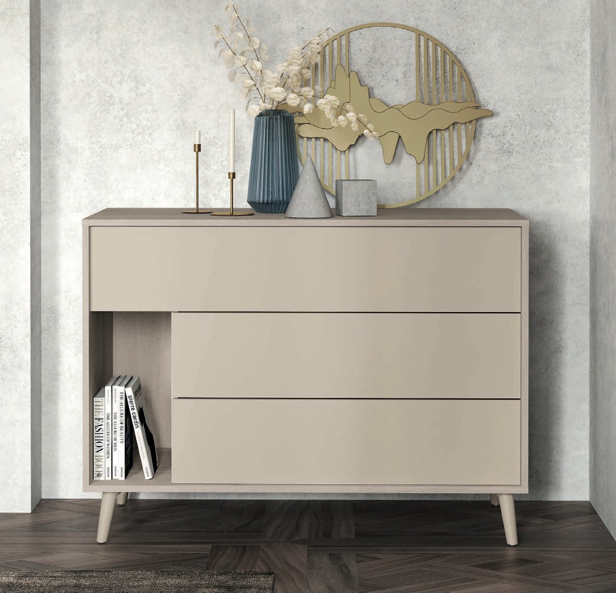 Comò moderno 3 cassetti e vano in finitura Ciliegio bianco e Canapa