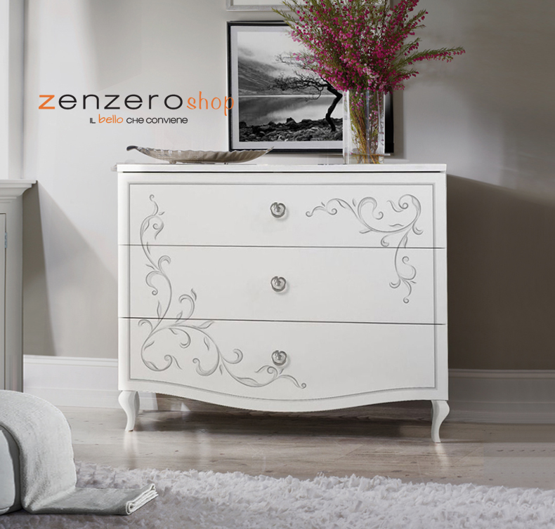 Moderno Comò con serigrafia argentata, 3 cassetti in finitura Bianco 