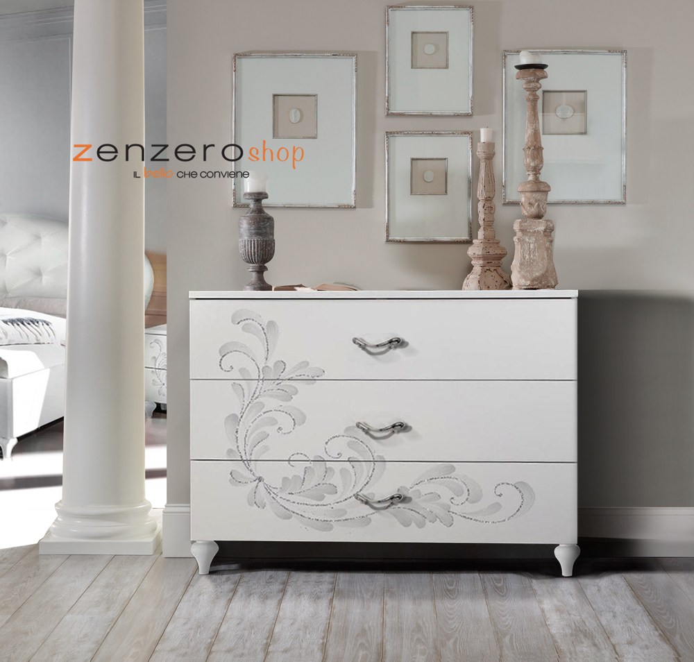 Comò moderno con serigrafie floreali a 3 cassetti