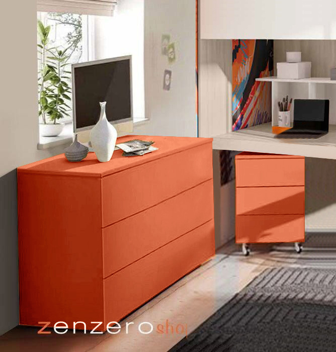 Composizione Comò e Comodino per camerette, finitura Corallo