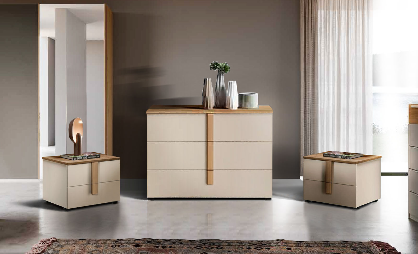 Set comò e coppia di comodini Noce biondo e Orzo